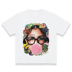 Women's Graphic T-Shirt - Colorful Bubble Blowing Print with Glasses & Geometric Patterns,Round Neck Casual Top, Machine Washable Urban Fashion Tee, Cute T Shirts, Trendy Streetwear, Playful Design, Vibrant Print Quality