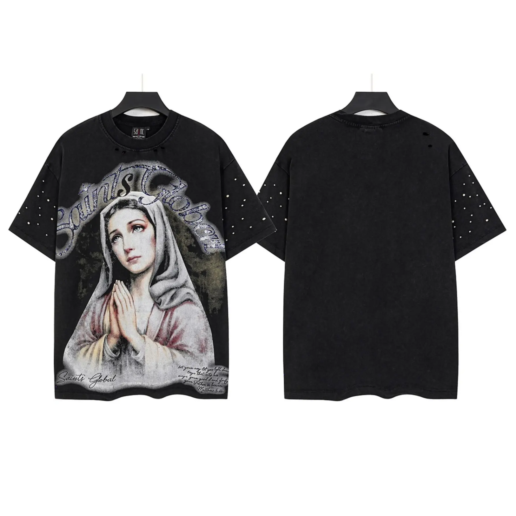 Saints Global Mens Y2K Hip Hop Praying Virgin Mary Rhinestone Graphic Tee Vintage Washed Black Distressed Hole Rivet Oversized Cotton Streetwear Summer Top