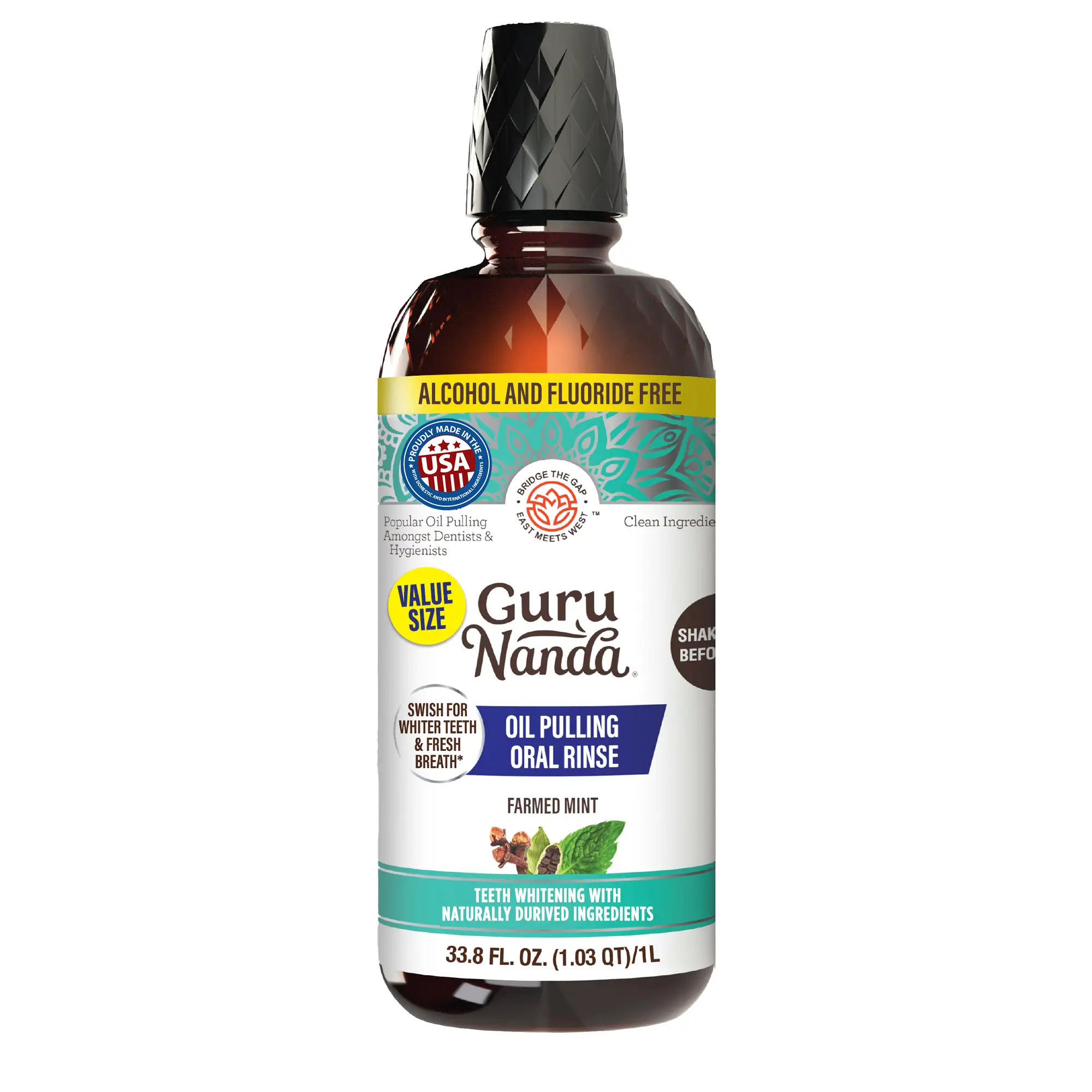 GuruNanda CocoMint Oil Pulling Mouthwash Value Pack with 7 Essential Oils & Vitamins for Complete Oral Health, 33.8 Fl Oz/1L
