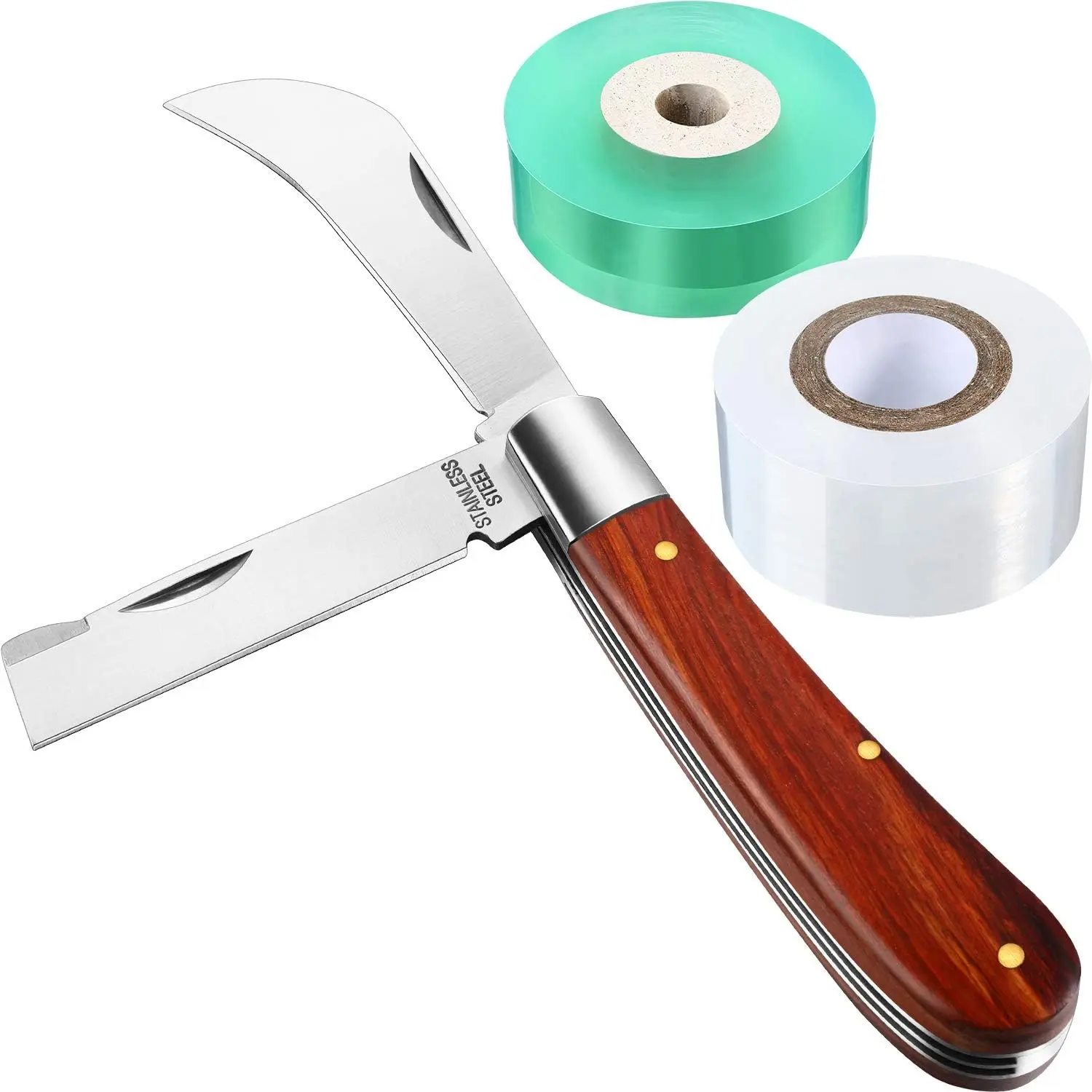 Grafting Gardening Knife for Pruning, Double Blades Garden Knife for Budding Pruning with 2 Rolls Grafting Tape Plants Repair Tapes for Floral Fruit Tree, 10.2 Cm Handle, 2 Cm Tape