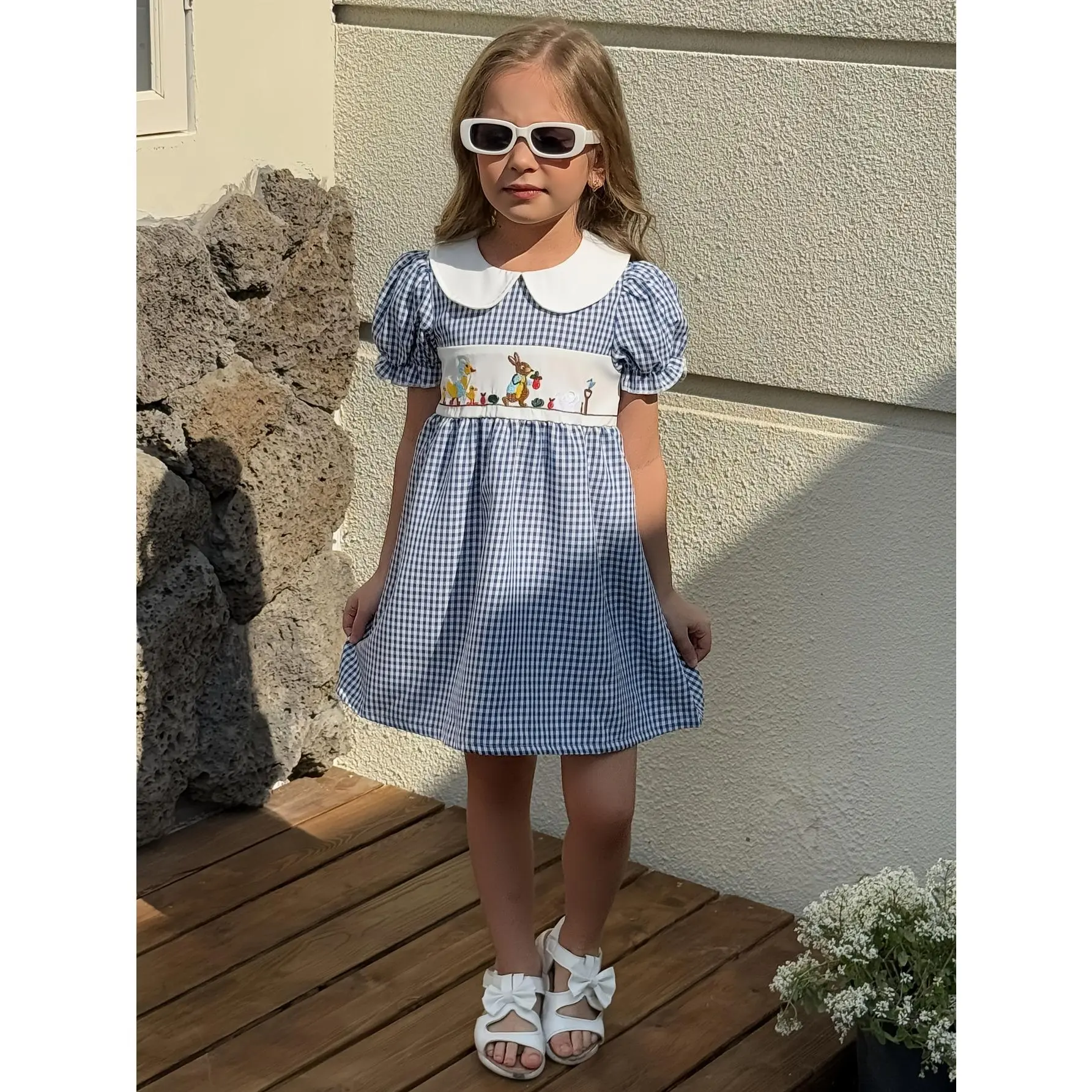 Girls' Blue & White Gingham Short Sleeve Dress with Appliqué - Smock Dress for Summer School Uniforms, Short Sleeve Midi Length Dress Suitable for Playdates, Church & Casual Attire