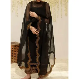 Women's Anarkali Costume Set, 3PC Set with Embroidery Shirt, Matching Trouser & Organza Dupatta
