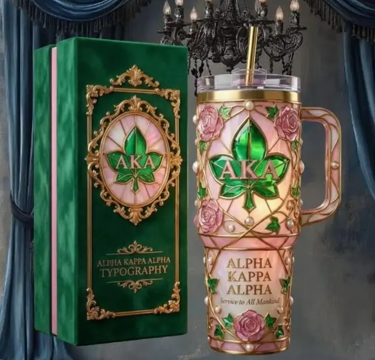 [Gift Box Included] 40oz, 20oz Alpha Kappa Alpha AKA Stained Glass Rose Print Stainless Steel Tumbler with Handle and Straw Vacuum Insulated Travel Mug Fits Car Cup Holder Cool Gift for Sorority Sisters