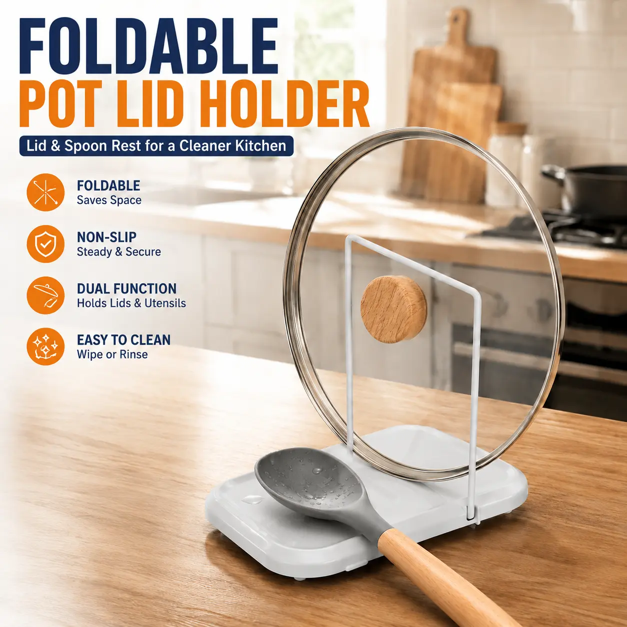 Foldable Pot Lid Holder – Countertop Lid & Spoon Rest Stand with Non-Slip Pads, Adjustable Kitchen Utensil Organizer for Stove Top