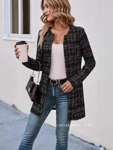 Plaid Open Front Cardigan, Long Sleeve Mid-Length Coat, Casual Office Wear, Daily, Autumn Lightweight Wool Blazer Jacket