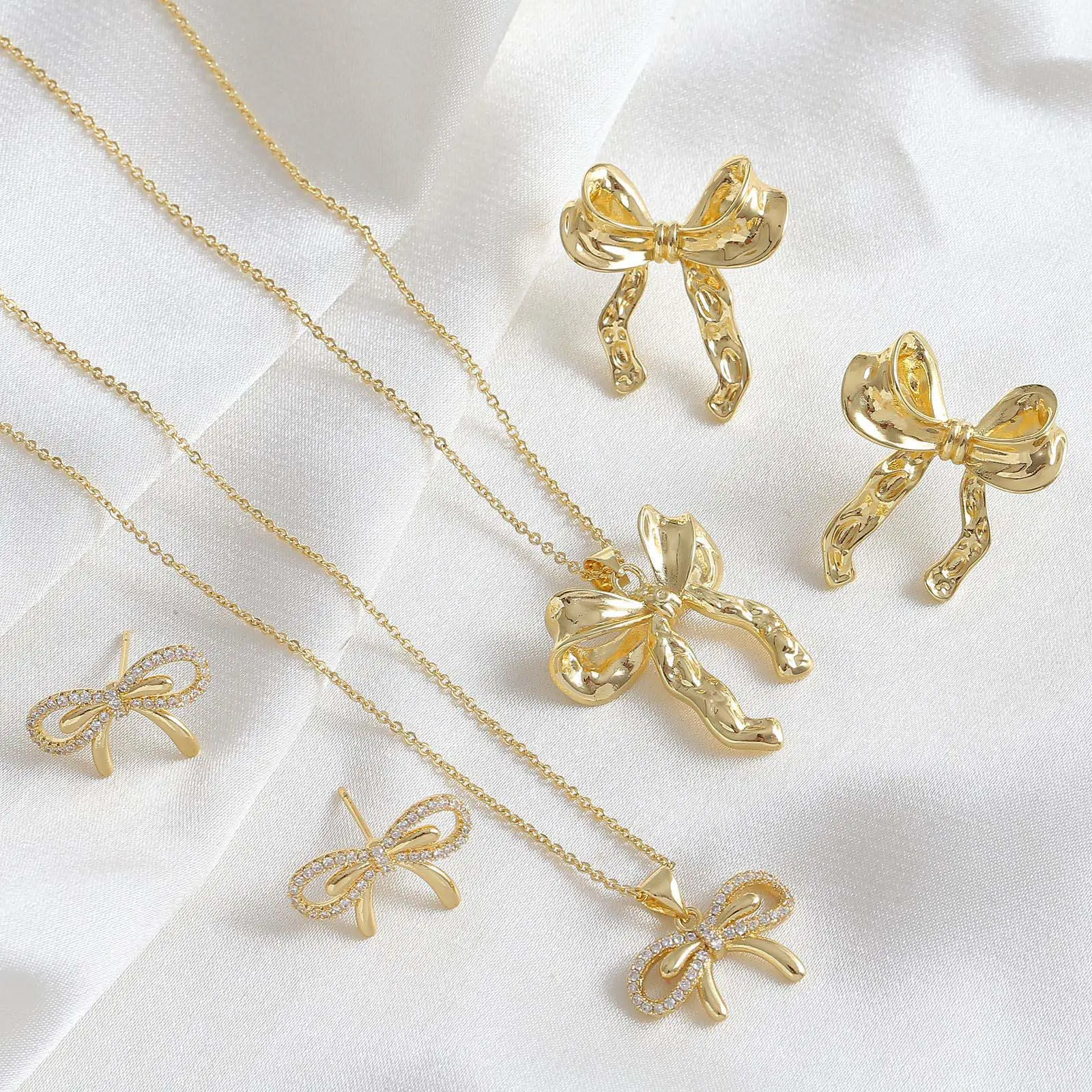 Zircon textured bow earrings necklace set for girls daily holiday gift jewelry
