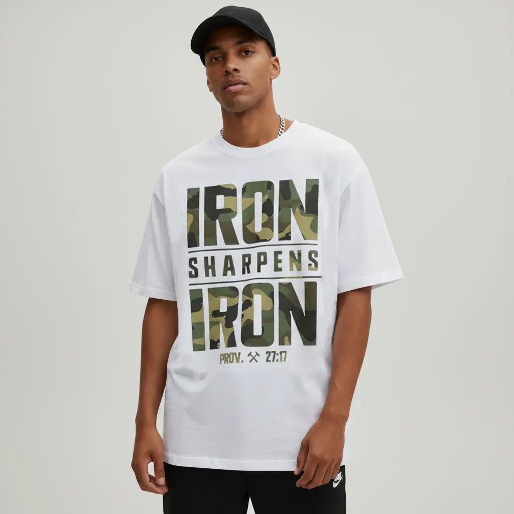 CMBT Men's 100% Cotton Oversized Round Neck Short-Sleeve Graphic Tee - Customized "IRON SHARPENS IRON" & Proverbs 27:17 Bible Verse, Geometric Camouflage Print, Casual Streetwear Summer Top, Breathable, Durable, Machine Washable, Fitted Option