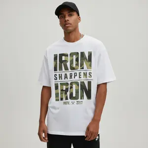 CMBT Men's Oversized 100% Cotton Classic Shortleeve Tshirt - Customized "IRON SHARPENS IRON" & Proverbs 27:17 Bible Verse, Geometric Print Camouflage Garment, Casual Streetwear Tee, Breathable Summer Top, Durable, Machine Washable