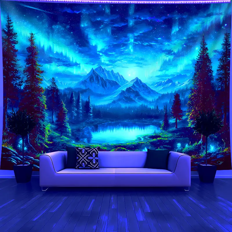Large UV-Blacklight Reactive Luminous Synthetic Tapestry - Fluorescent Deep Blue, Purple, Green, Black, Pink Mountains, Forest, Lake Print, Self-Lit No-Installation Home Decor for Bedroom, Halloween, Christmas, Universal Home Supplies