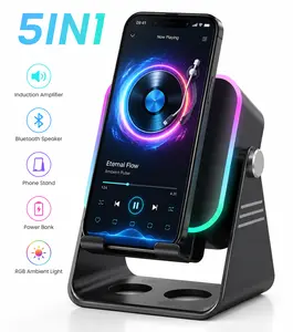All-in-One Cell Phone Stand Bluetooth Induction Speaker, Color Changing RGB Ambient Lighting, 3500mAh Rechargeable Battery, Equipped with Personalized Wired Microphone, Portable Loud Speaker for Smartphones & Tablets - Black room decor