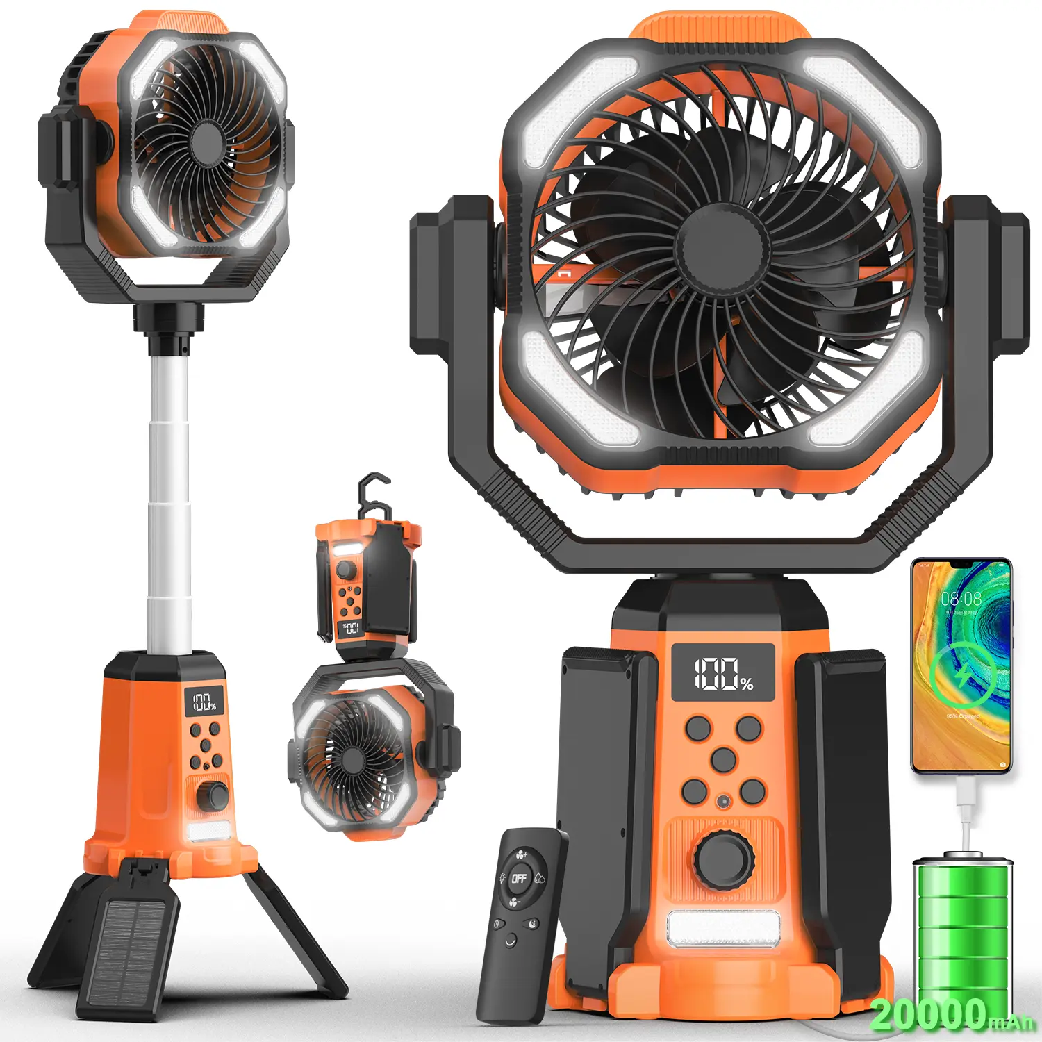 Table Fans Tripod, 20000mAh Rechargeable Battery Operated Portable Tent Fan with LED Lantern, Remote Control, Hook, 270° Pivot, Stepless Speed-Ideal for Camping, Picnic, Barbecue, Jobsite Solar Powered Fan Silent Operation Fan
