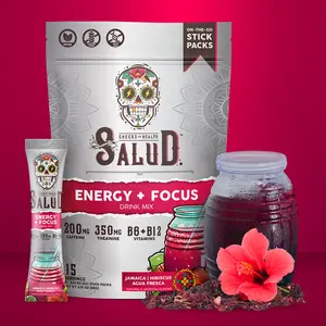 Salud 2-in-1 Energy & Focus Drink Mix with Jamaica, Organic Caffeine, B6 & B12, L-Theanine, 200mg & 350mg Caffeine, 15 Servings, Non-GMO, Gluten Free - Healthcare, Dietary