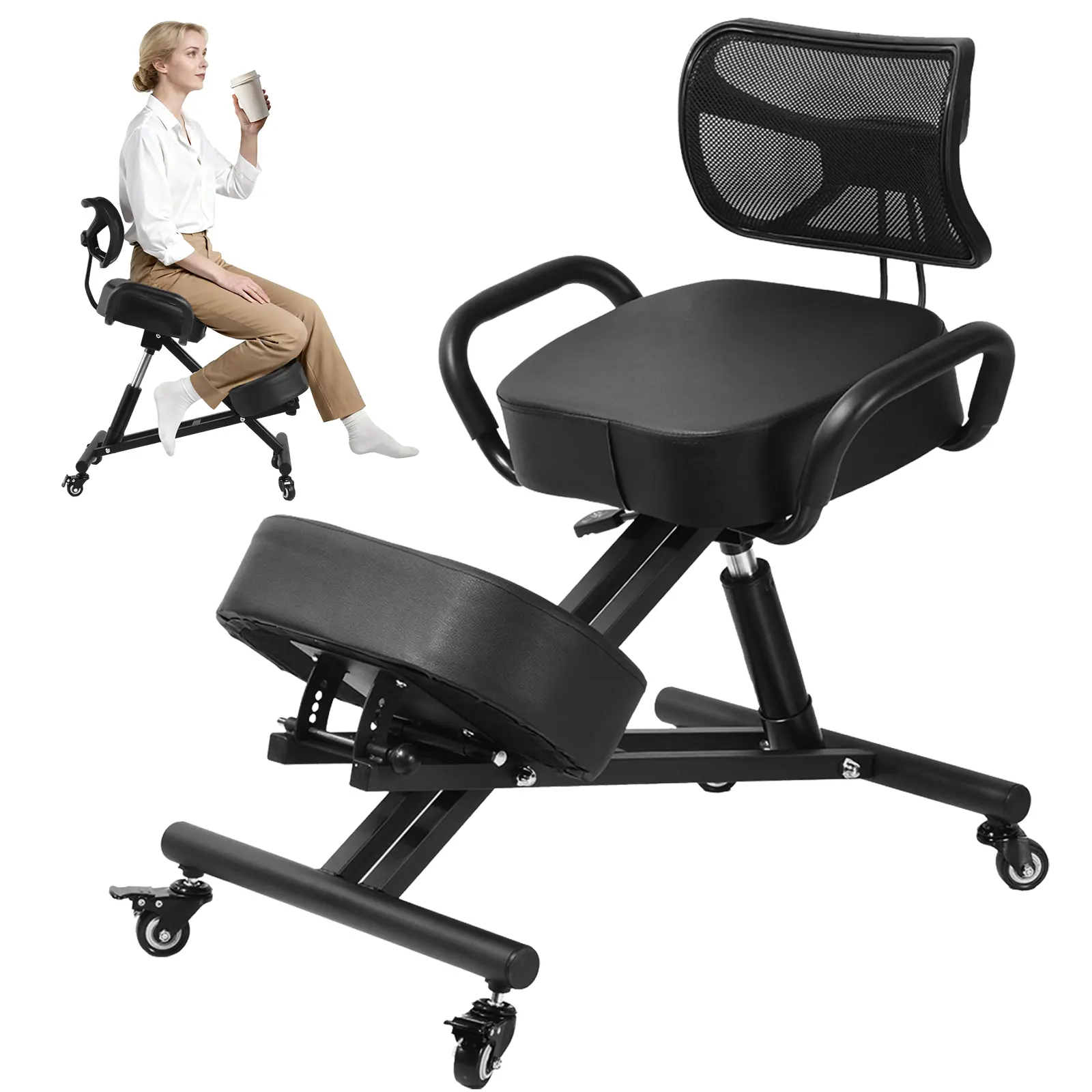 Ergonomic Kneeling Chair with Back Support, Armrests, 57-67cm Height Adjustment, Full-Body Sponge Padding, Metal-Fabric Construction, Footrests, 90kg Weight Capacity, Manual Included, Indoor Living Room Home Reading Furniture, Includes Manual