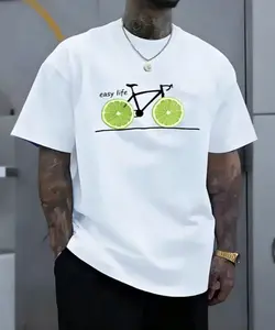 Lime Slice Bicycle Graphic T Shirt, Minimal Line Art Bike Tee With Easy Life Letter Print,  Casual Short Sleeve Top, Vintage  Streetwear Basic Tshirt,  Positive Slogan Tee, Fresh Summer Lime Lemon Wheel Bike Print Top, Soft Cotton Oversized Daily Outfit