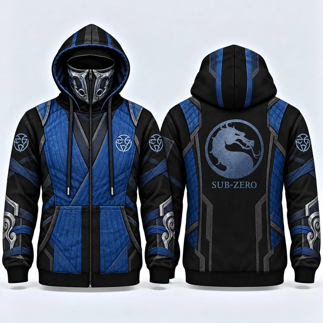 Mortal Kombat Sub-Zero Mens Zip-Up Hoodie, Lin Kuei Guild Built-In Face Mask Jacket, Blue Black Ninja Armor All-Over Print Hooded Sweatshirt, Cosplay Gamer Gift