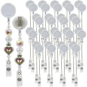 15pcs Beadable Badge Reels Making Kits - Beaded Blank Bars Bulk - Retractable Badge Reel with Belt Clip for ID Name DIY Gift Beadable Items for Nurses,Teachers, Students, Office, Workers