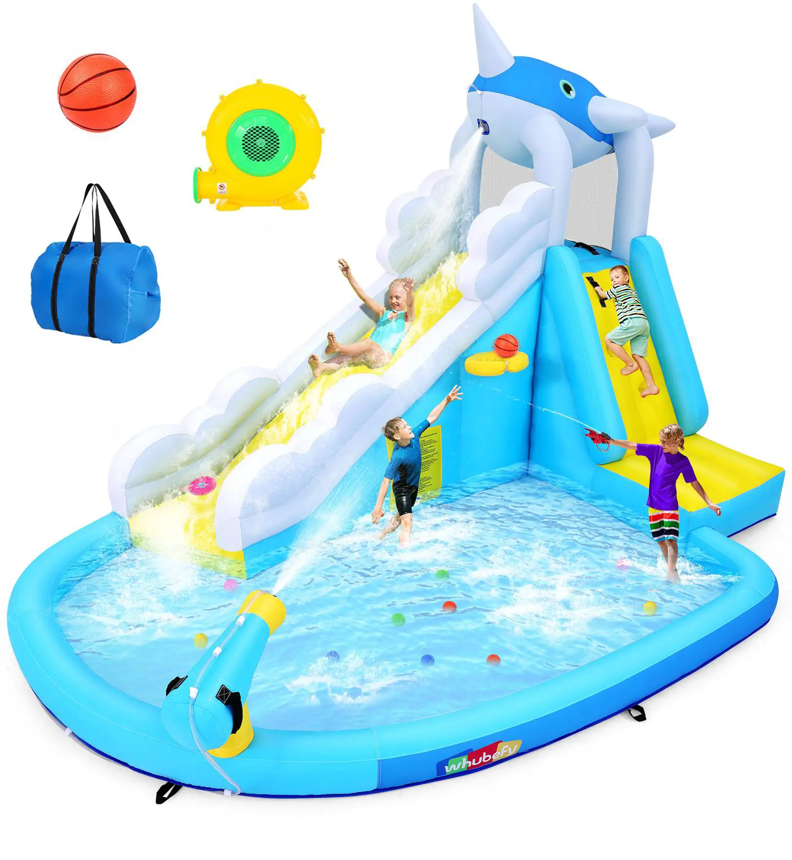 Whubefy Animal Inflatable Water Slide for Small Kids, 15.6FT x11.1FT Playground Water Park for Kids 3-6 years old, with Climbing, Basketball Rim, Splash Pool, Water Cannon,Summervibes for Wet and Dry,Summer Outdoor Fun Toy for Kids