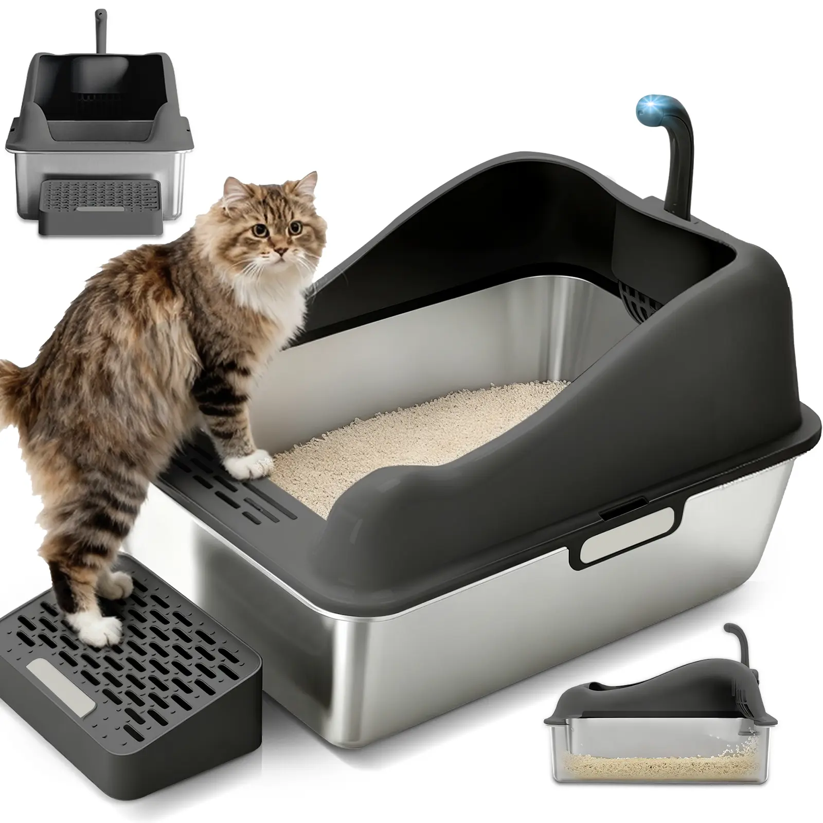 GTplayer XXL Stainless Steel Cat Litter Box (20L with Lid). High-sided, leak-proof design. Includes mat & scoop. Odor-resistant, easy-clean, non-stick surface. XL size for large cats & multi-cat homes.