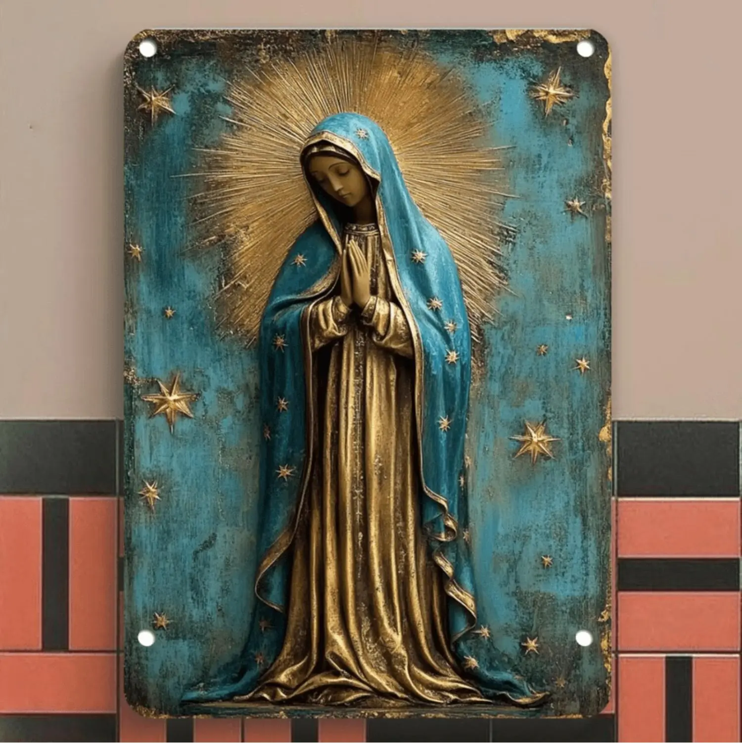 Rustic Blue and Golden Vintage Tinplate Sign, Frameless Religious Wall Art with Halo Stars, Artistic Weatherproof Decoration for Cafe, Office, Home Decor