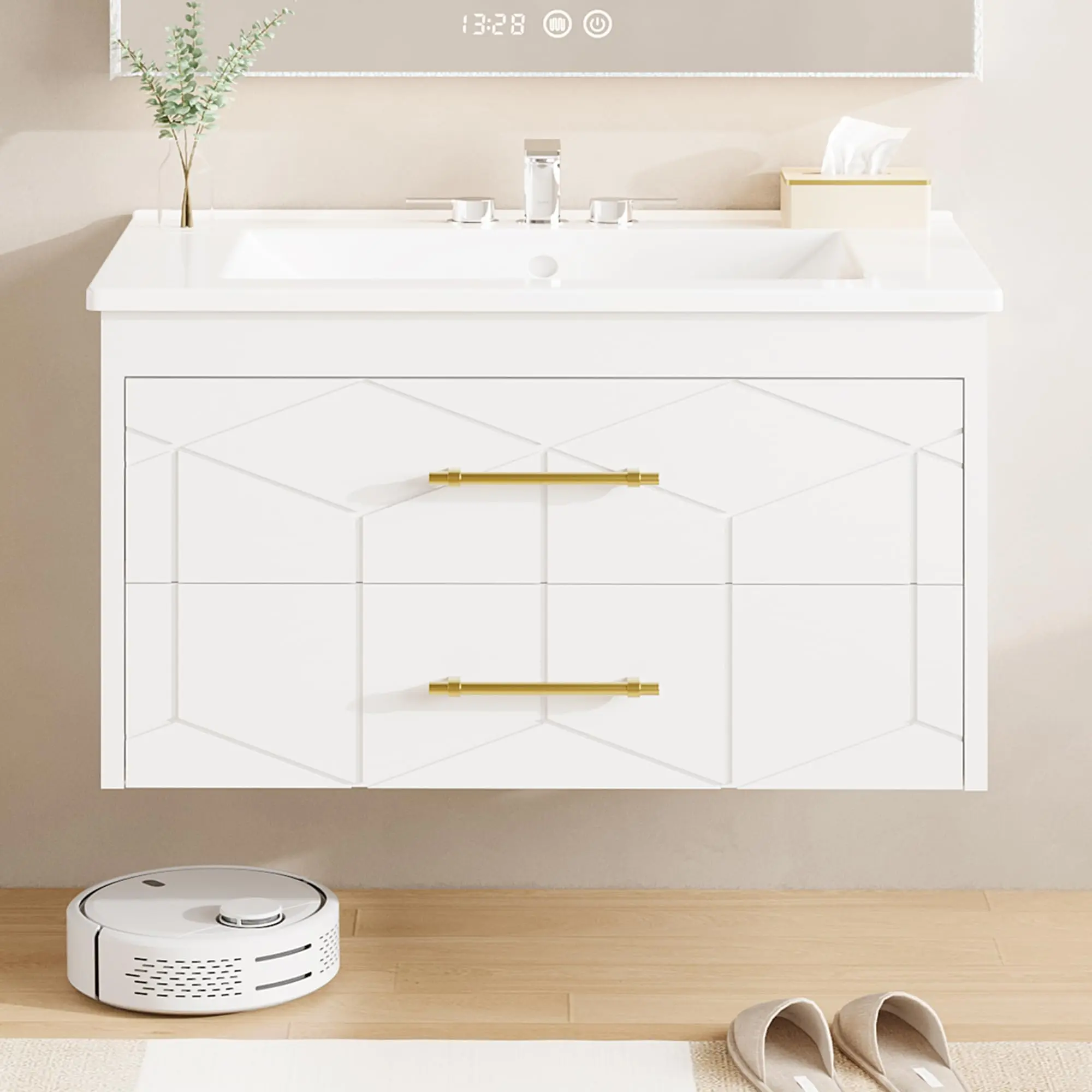 Garvee Wall-Mount Floating Bathroom Vanity with Rectangular Ceramic Sink, 2 Sizes (24in-30in), 2 Large Storage Drawers, Metal Handle, White/Black Finishes, Modern Home Decor Minimalist Bathroom Fixture Accessories