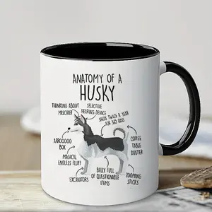 Husky Anatomy Illustration Thermal Mug - 11 oz Ceramic Travel Cup with Lid| Reusable coffee cup, an ideal gift for dog lovers, a birthday or Christmas surprise for Husky owners