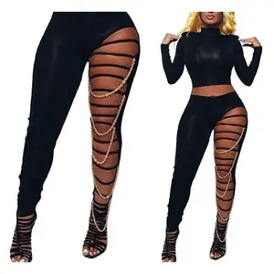 Women’sSkinnyLeggings,SexyCutoutRippedMidWaistFull-LengthStretchyPantswithChainDecor