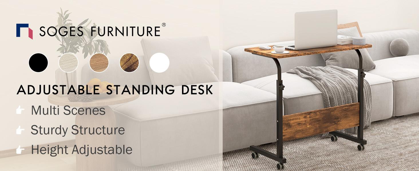 Nicole Selection Height Adjustable Side Table with Wheels, Mobile Rolling Laptop Stand, USB Charging + 2 Outlets, Adjustable Tray for Office/Home Use