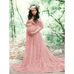 Elegant Maternity Lace Dress Photography & Parties - Off-Shoulder, Flared, Long Length