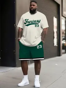 Men's Casual Sportswear Set, Athleisure Wear Set, Loose Fit Polyester Round Neck Tee & Slightly Elastic Waist Shorts, Knit Fabric Two-Piece