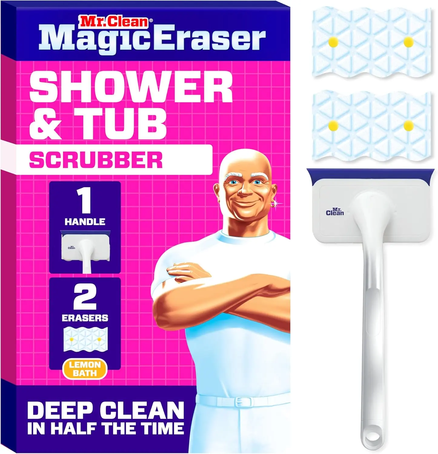 Magic Eraser Shower & Tub Scrubber – All in One Bathroom Cleaner with Lemon Scent, Includes 1 Scrubber and 2 Foaming Magic Erasers, Multi Surface Cleaning Kit for Showers, Tubs, Tile and Bathroom Surfaces
