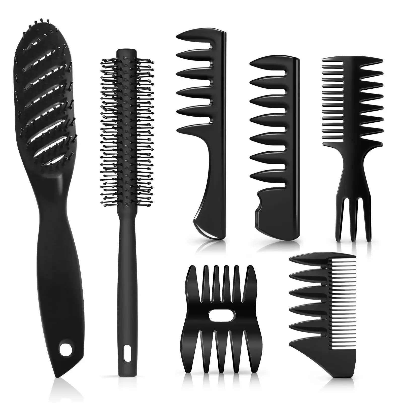 7PCS Men's Grooming Hair Brush and Comb Set with Vented Brush, Round Brush and Styling Combs for Quiff, Pompadour and Slick Back skullet