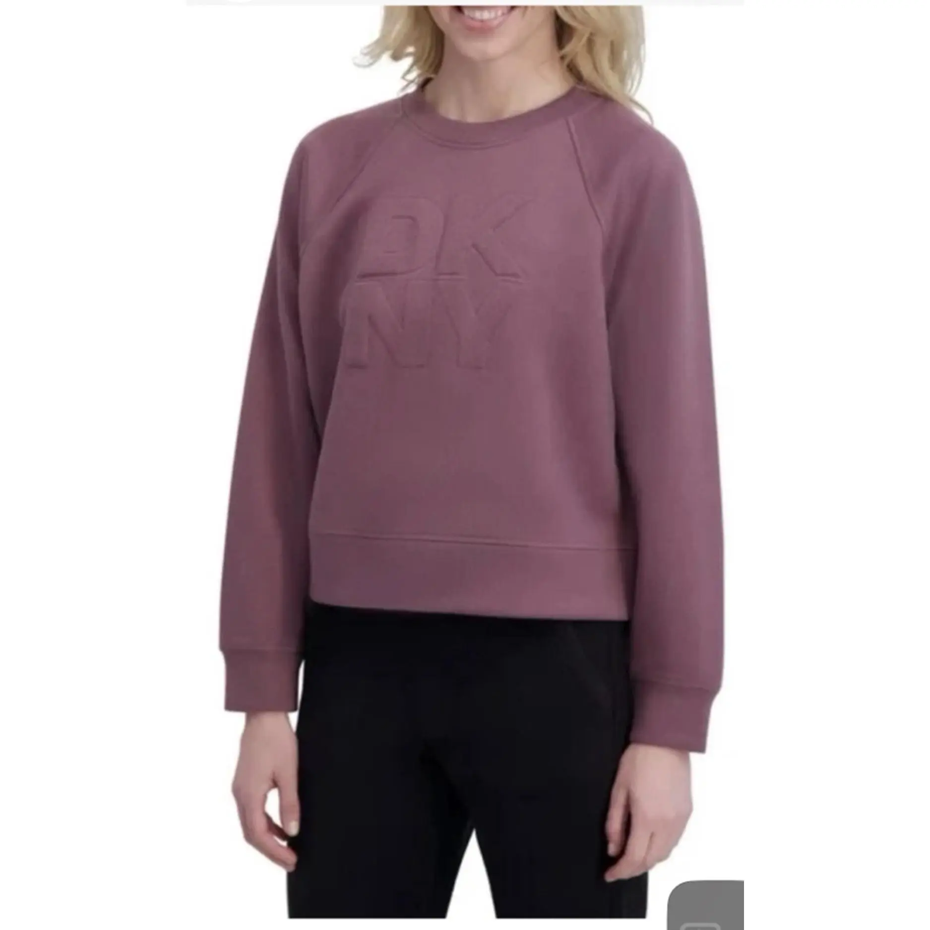 DKNY Women's XXL Pink Sweatshirt with Embossed Logo, Long Sleeve, Round Neck, Casual Style, Perfect for Daily Wear
