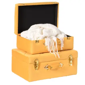Vintiquewise Set of 2 Medium Rectangle Tufted Velvet Wooden Decorative Storage Organizer Boxes - 8.25x19x13 in Yellow, Room Decor Suitcase Treasure Chest (QI003982-YL)