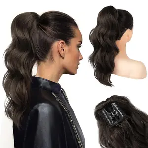 Clip in Ponytail Extension, Ponytail Extension 18 Inch Hair Ponytail Extension Wavy Ponytail Fluffy Soft Clip on Ponytail Synthetic Fiber Ponytail Hair Pieces for Women - Black Brown