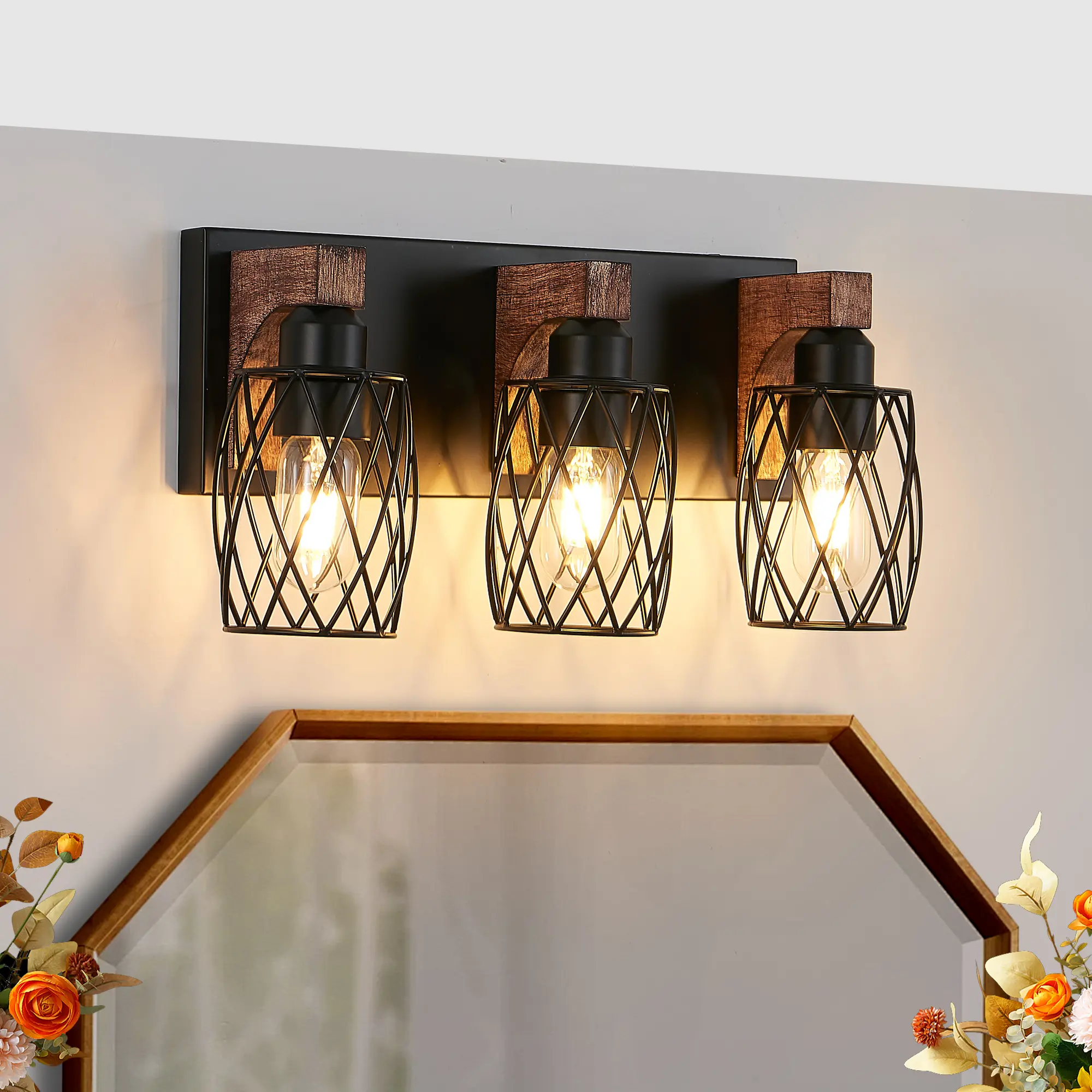 Farmhouse Bathroom Vanity Light, 3-Light Wood Bathroom Light Fixtures Over Mirror, Black Industrial Vanity Lights with Metal Shade, Rustic Bathrooms Lighting for Living Room, Bedroom