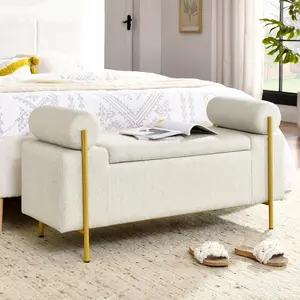 Niccae Premium Upholstered Velvet Storage Bench with Cylindrical Arms and Iron Legs, 44" Beige Entryway Bench with Safety Hinge, Modern Linen Footrest for Hallway, Living Room, Bedroom Furniture Interior, Modern Footrest
