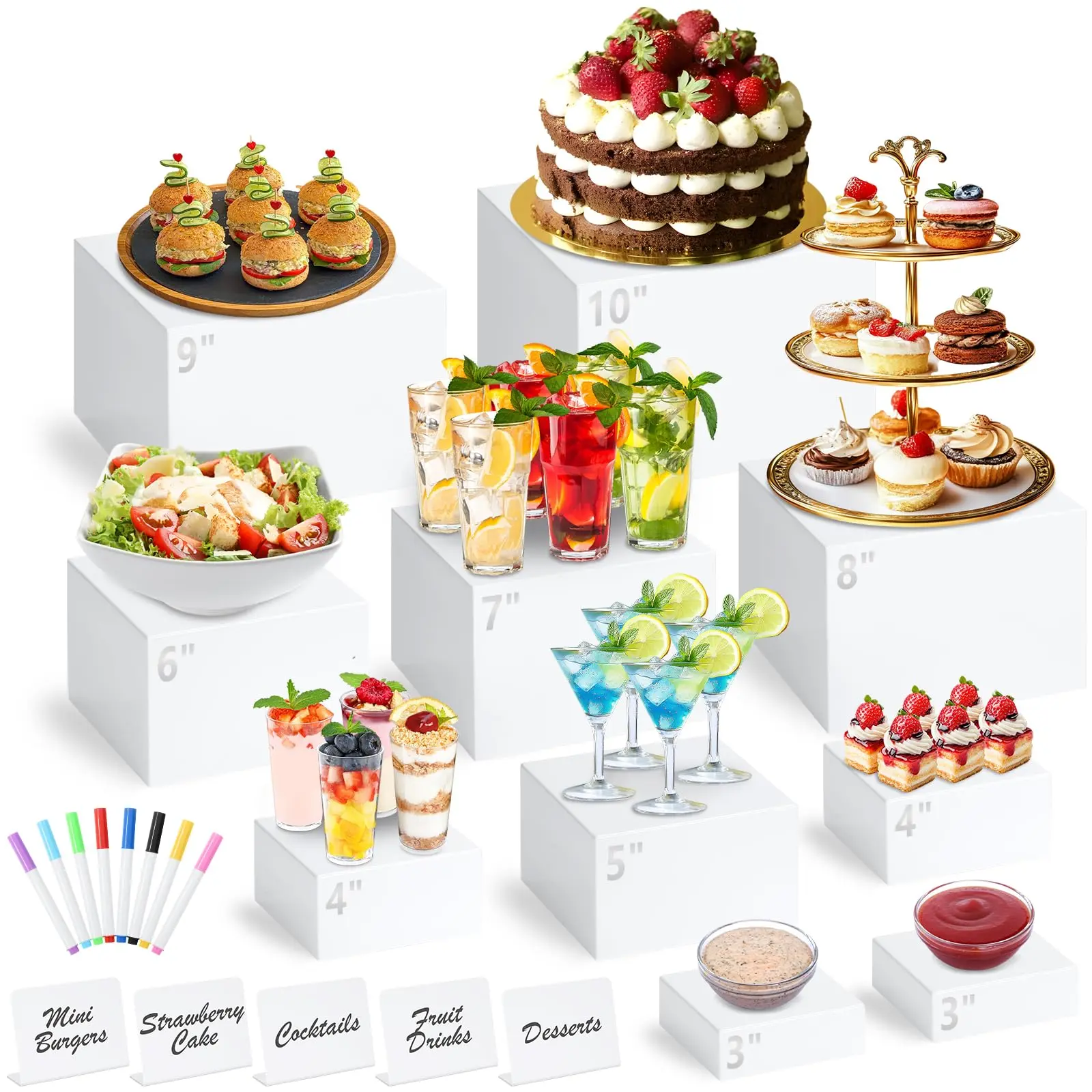 10 Pcs White Acrylic Buffet Risers with Mini Sign and Marker,8 Sizes Food Display Stands for Buffet Table Party Catering Dessert Jewelry Collectibles,Acrylic Cube Nesting Boxes with Hollow Bottoms,Tools & Hardware