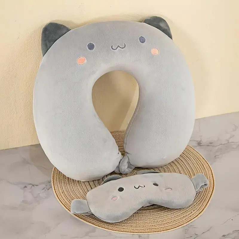 Cute Cartoon Animal U Shaped Memory Foam Neck Pillow with Removable Washable Cover and Eye Mask Set for Travel Nap