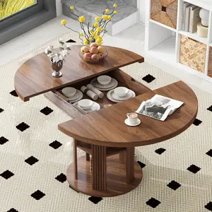 ZXVOIM 43.31"-59.06" Modern Extendable Round Kitchen Table for 4-8, Fluted Wooden Oval Circle Dining Table, Mid Century Freestanding Round Table, for Living Room, Farmhouse