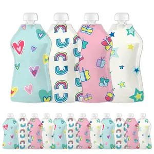 Reusable Baby Food Pouches  Toddlers |   BPA Free Plastic, Food Safe, Freezer Safe |   Refillable  Applesauce Yogurt & Puree Squeeze Pouch |   12 Pack |   5 oz |   Assorted Designs