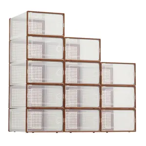 x-Large Clear Plastic Storage Boxes - 12 Pack Stackable Shoe Organizers with Durable Lids for Sneakers, Toys, Closet & Under Bed Storage (Brown)