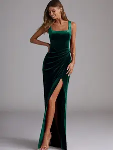 Azazie Mero Square Neck Keyhole Back Slit Mermaid Bridesmaid Wedding Evening Velvet Dress