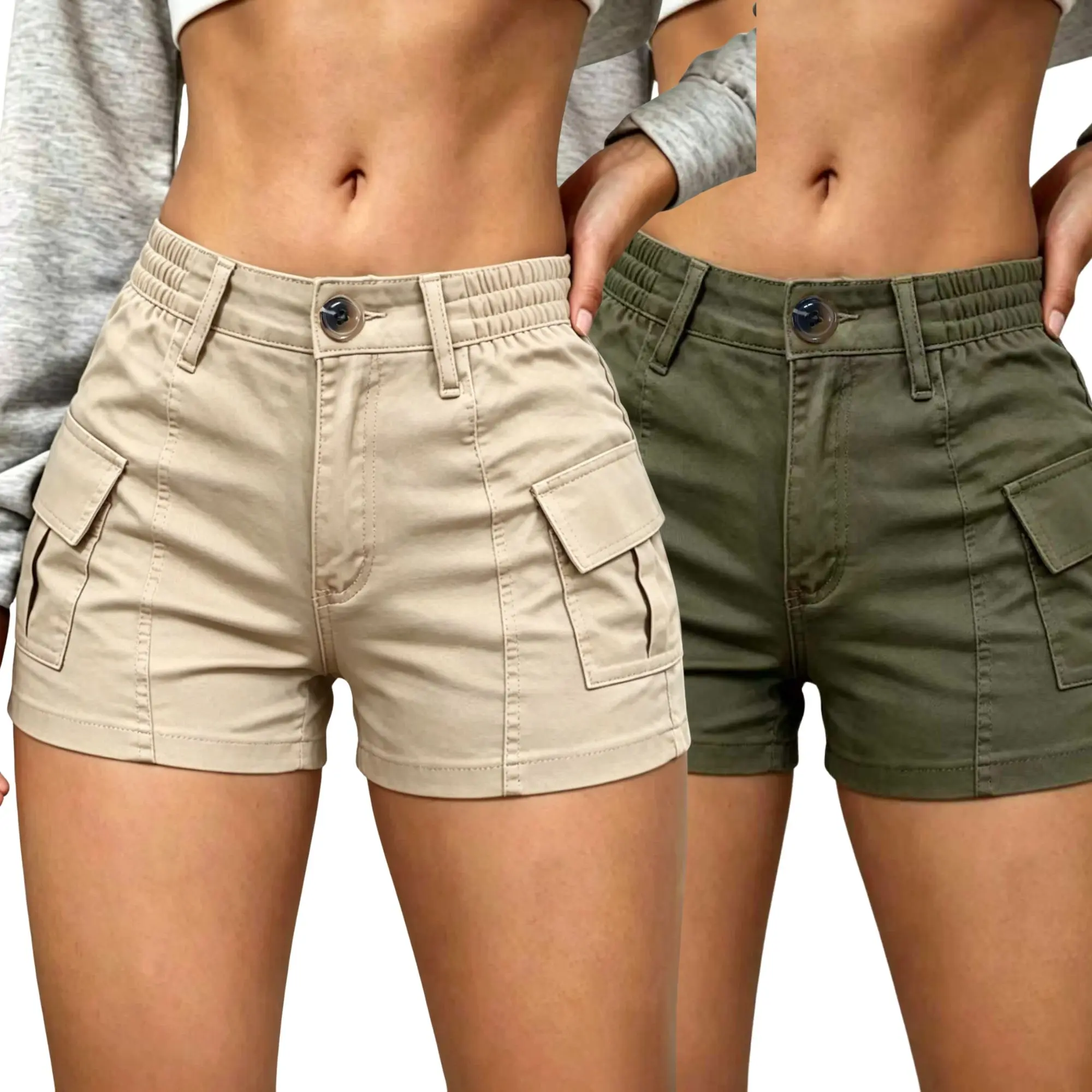 2-Pack High-Waist Elastic Cargo Shorts for Women — Multi-Pocket Slimming Casual Hot Pants Style