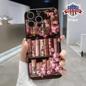 Straight Edge Phone Case for iPhone 15 Plus 16 Pro Max 14 13 12 11 XS XR mini Pink Flower Book House Pattern Drop Protection Shockproof Soft Silicone smartphone Cover