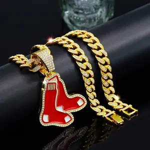 (Boston) Trendy Baseball Red Socks Graphic Pendant Necklace for Men Women Street Hip Hop Full Diamond Cuban Chain