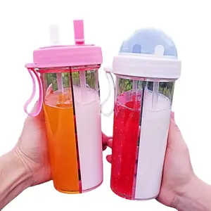 1 Pack Water Bottle with Dual Straws 600ML/420ML 2 in 1 Food Grade BPA-Free Leakproof Portable Drinking Cup Large Capacity Water Kettle Multiple Colors for Daily Use Drinkware