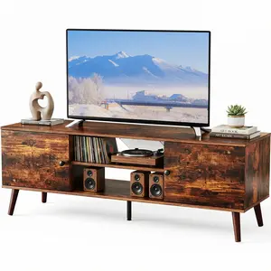 TV Stand for 55 inch TV, Wood TV Stands for Living Room, Mid Century Modern TV Console, Entertainment Center with Storage Cabinet, Media TV Cabinet, Retro Brown