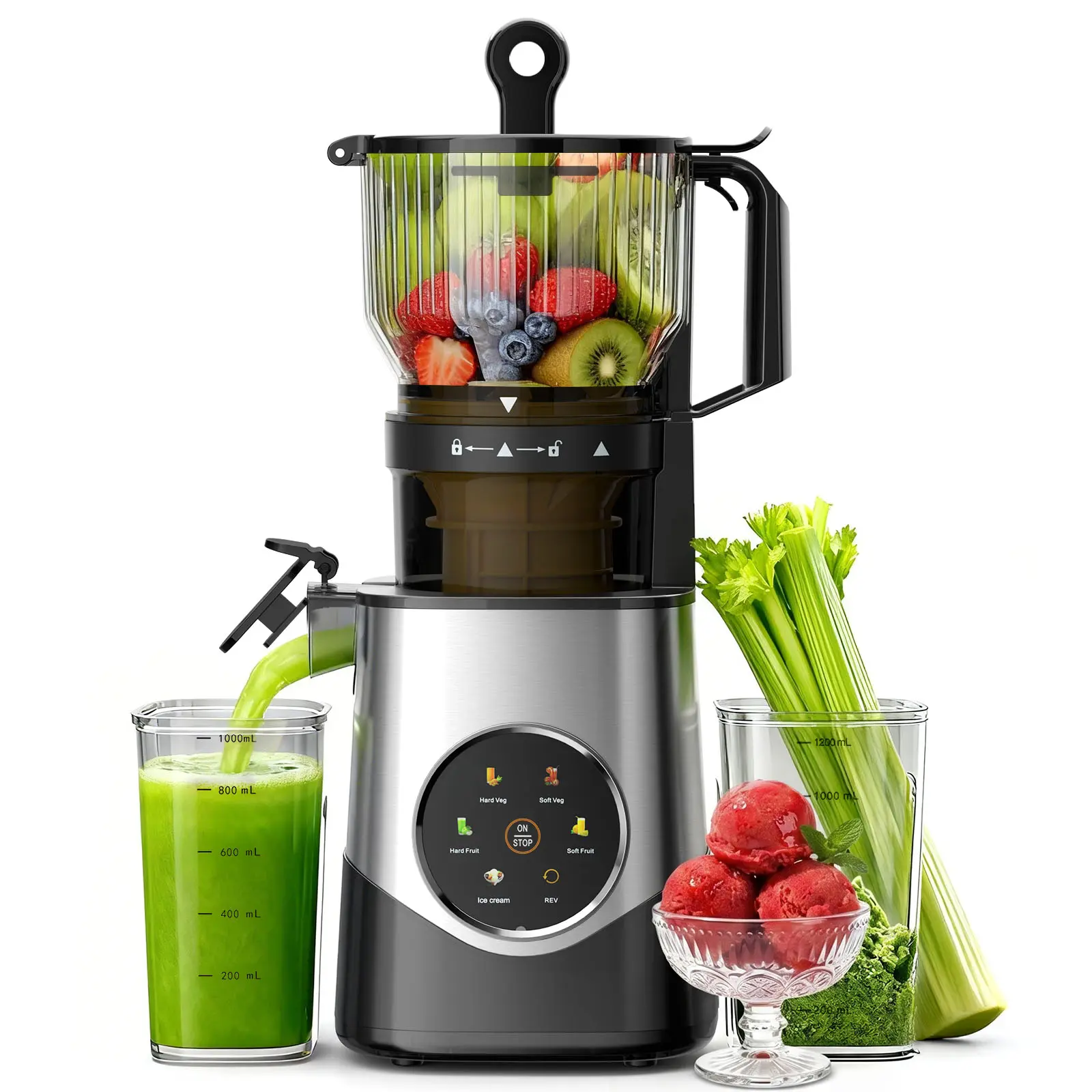 Cold Press Juicer with Reverse Function, 6.1" Extra Large Feed Opening Slow Masticating Juicer with Sorbet & Ice Cream Maker, 300W Power, Smart Touch Control with 6 Modes, High Yield, Stainless Steel & Easy Clean