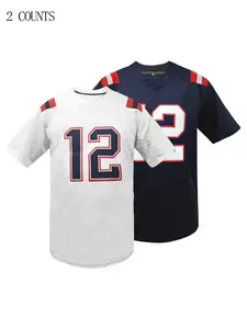 Men's New England #12 Football Jersey, Stylish Jersey, Breathable V-Neck Embroidered Pullover, Unisex Loose Fit Rugby Jersey, Short Sleeve Sportswear Top for Sports & Parties, Casual Wear or Themed Events, Bold Number Design
