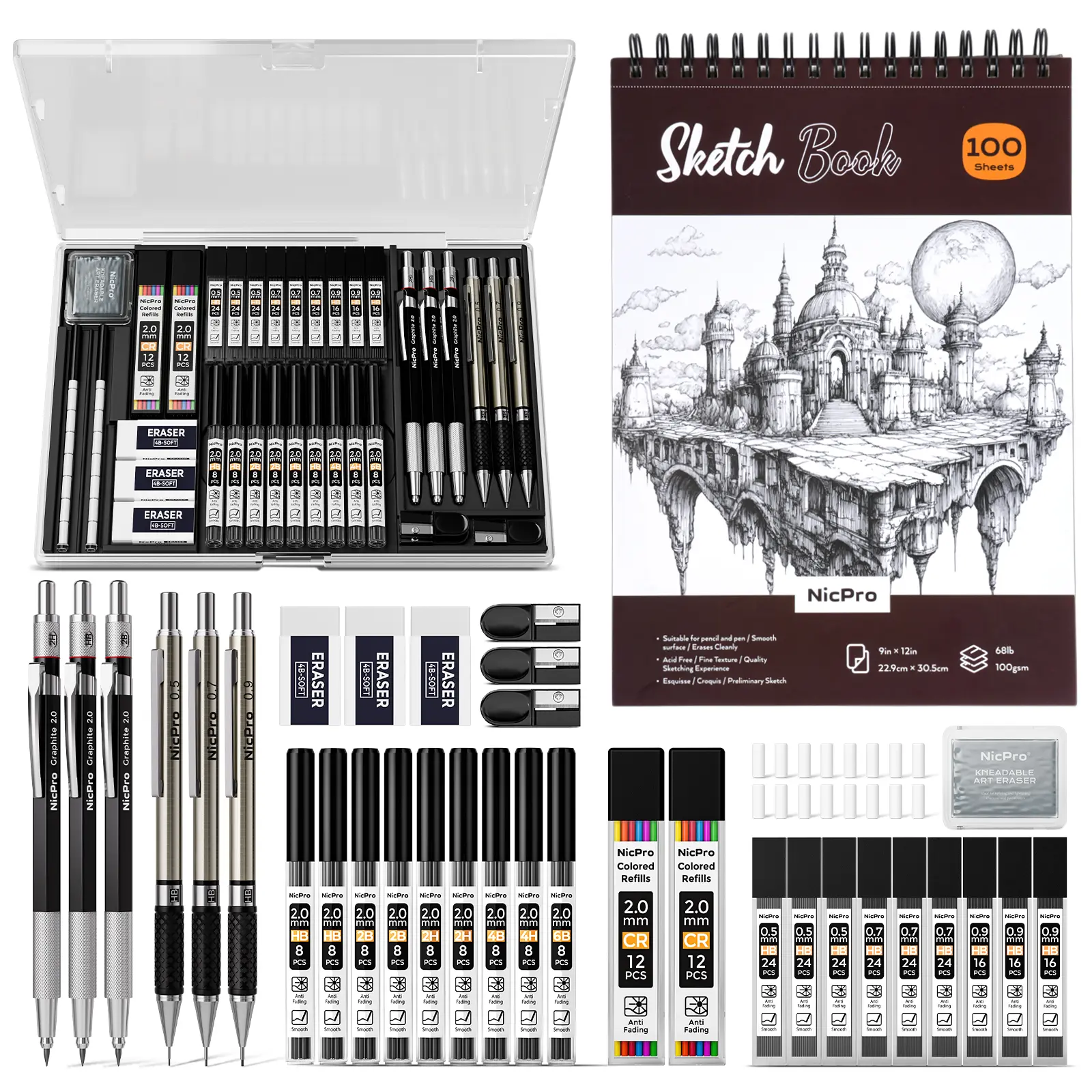 Nicpro Mechanical Pencil Set, Multipurpose Art Supplies - Compact Metal Grip Draw Tool Pencils (0.5,0.7,0.9,2mm) with Full-Metal Body, 288PCS Leads, Eraser, 100-Sheet 9x12in Sketchbook, Office Stationery for Artists, Back to School Haul School Supplies